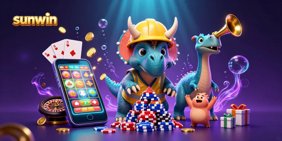 Engaging illustration of sunwin celebrating casino wins with vibrant slot games and cheerful characters.