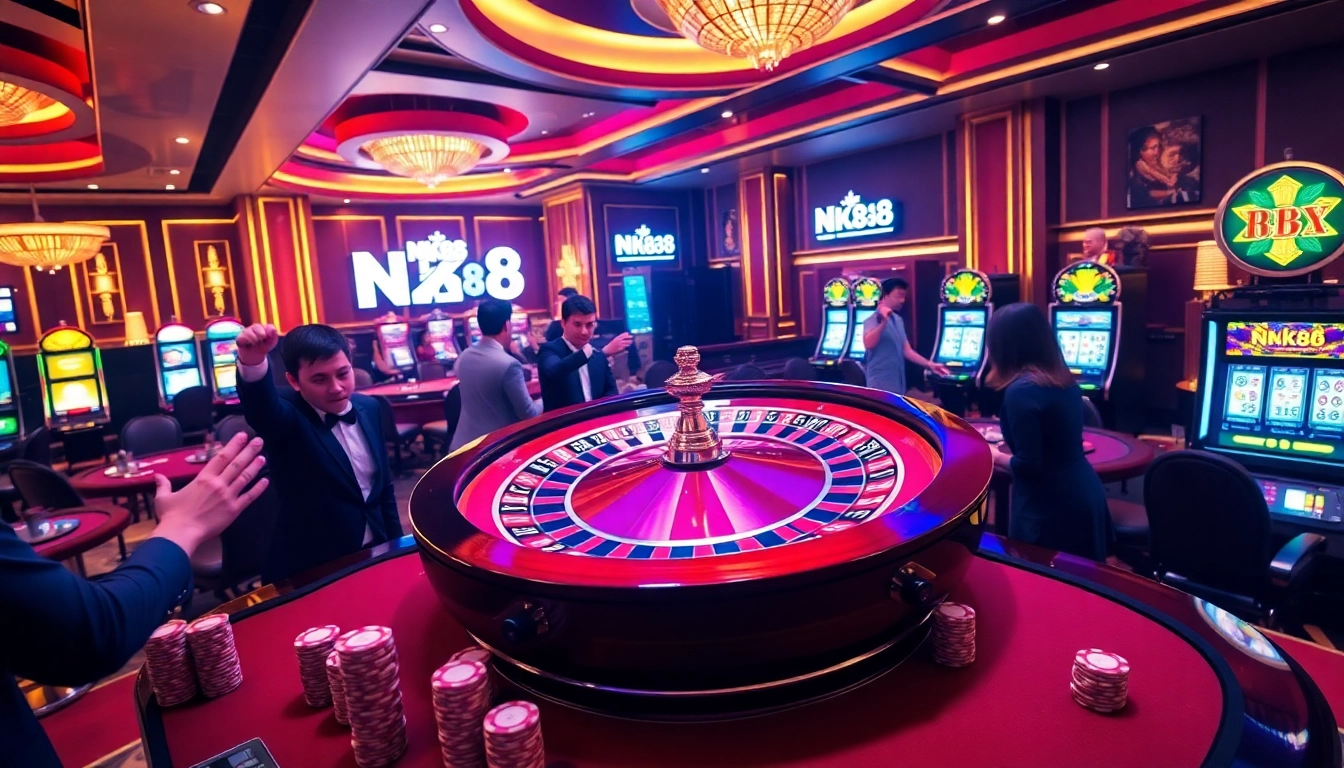 Experience the thrill of NK88 at a luxurious casino with vibrant gaming tables and excited players.