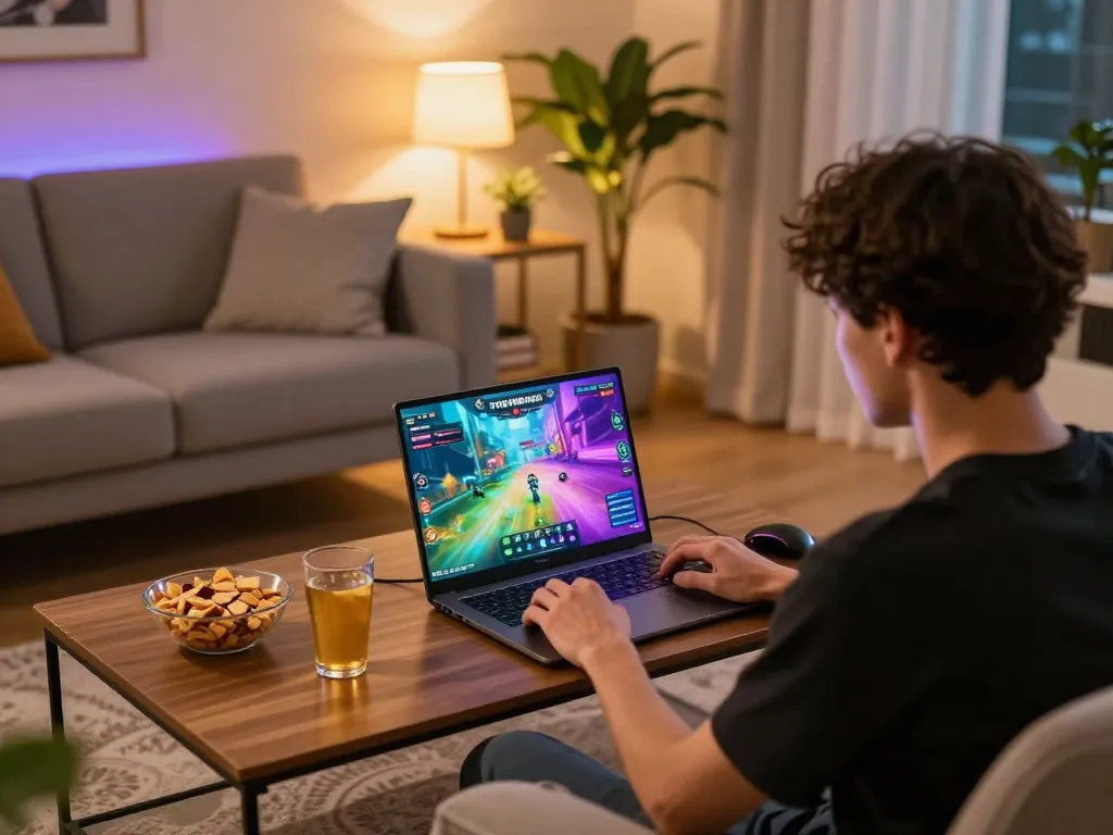 Playing game TT88 on a laptop in a cozy home setting with snacks and ambient light.