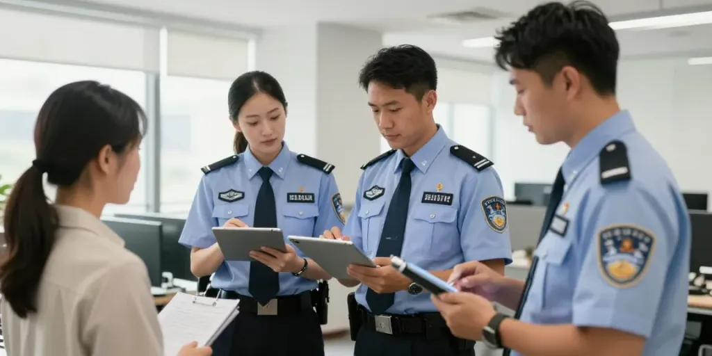 Security professionals consulting on safety measures for a trusted local business.