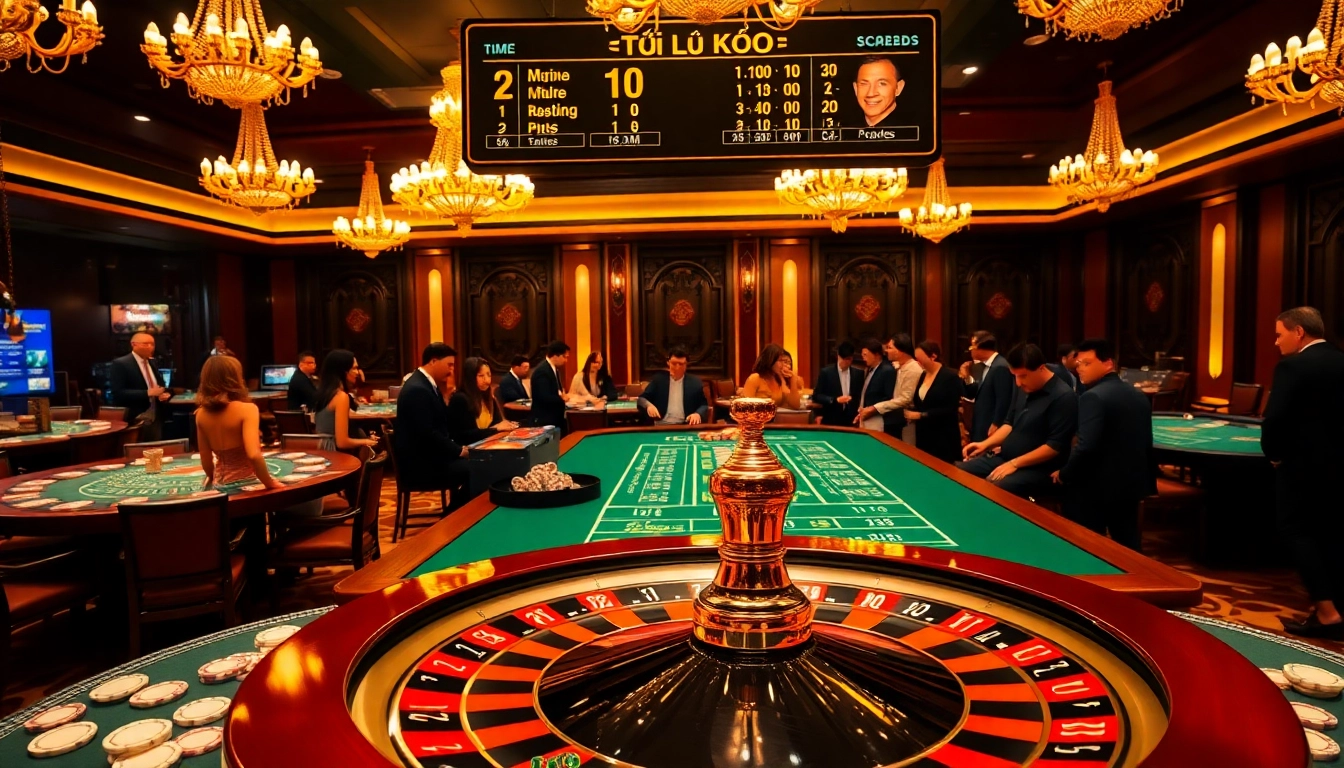 Engaging gamers study tỷ lệ kèo at a luxurious casino setting with roulette and poker.