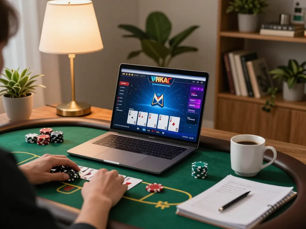 MM88 player enjoying a strategic poker game on laptop in a cozy home setting