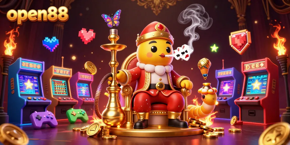 Experience the excitement with open88's vibrant casino illustration featuring animated characters and game elements.