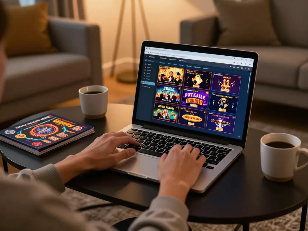 Person engaging with open88 homepage on a laptop in a cozy living room while enjoying responsible gaming.