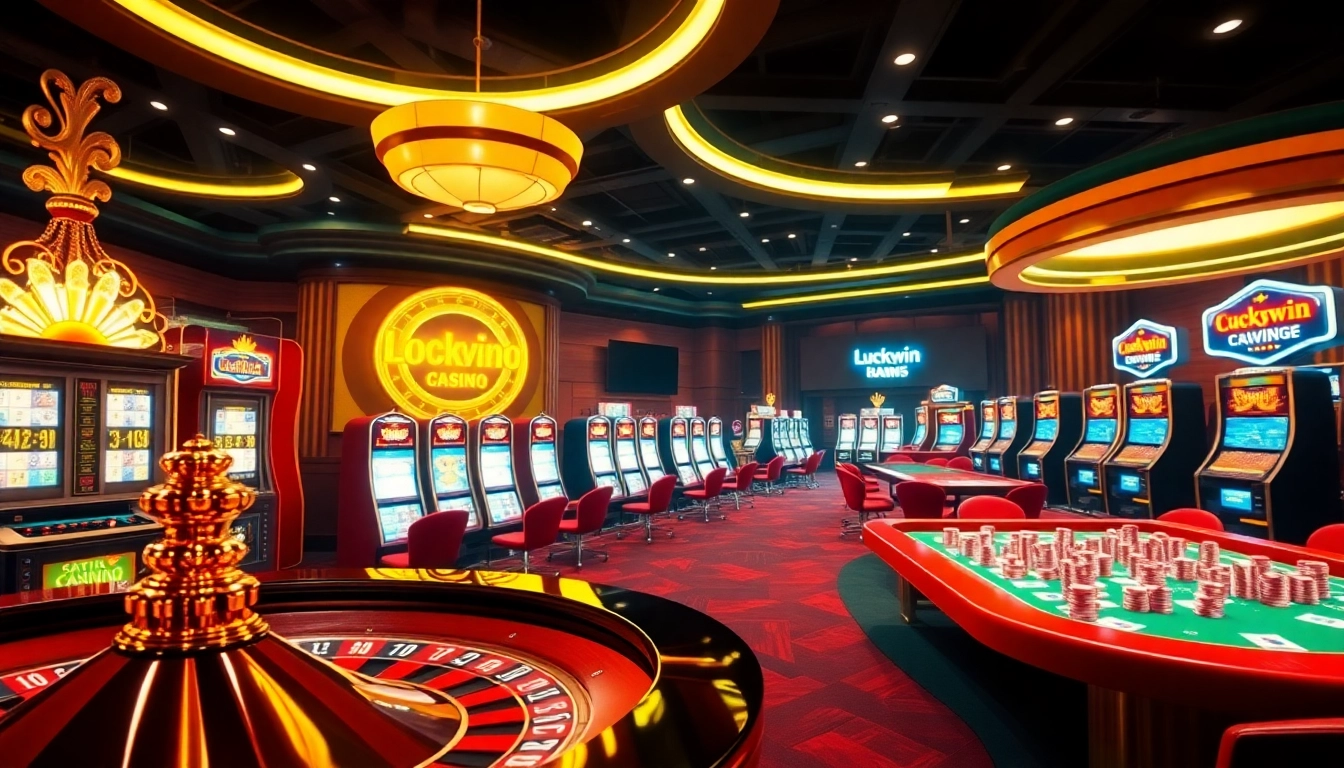 Experience the excitement of betting on Luckywin in a luxurious online casino setting with vibrant game elements.