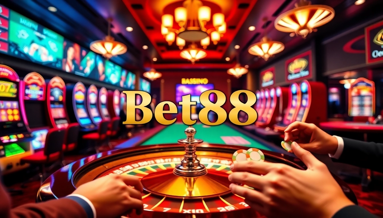 Bet88 logo featured in a lively casino scene with players at roulette and colorful slot machines.