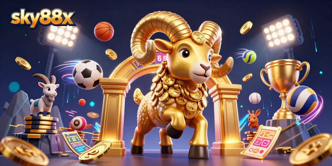 Engage with sky88x as a golden ram charges through an electrifying casino scene filled with sports balls.