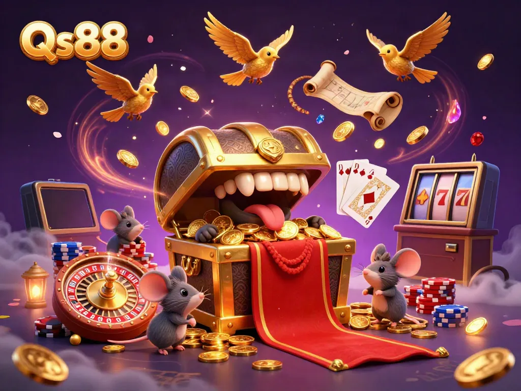 Watch Qs88's animated treasure chest lure adventurer mice with gold while dynamic casino elements surround them.