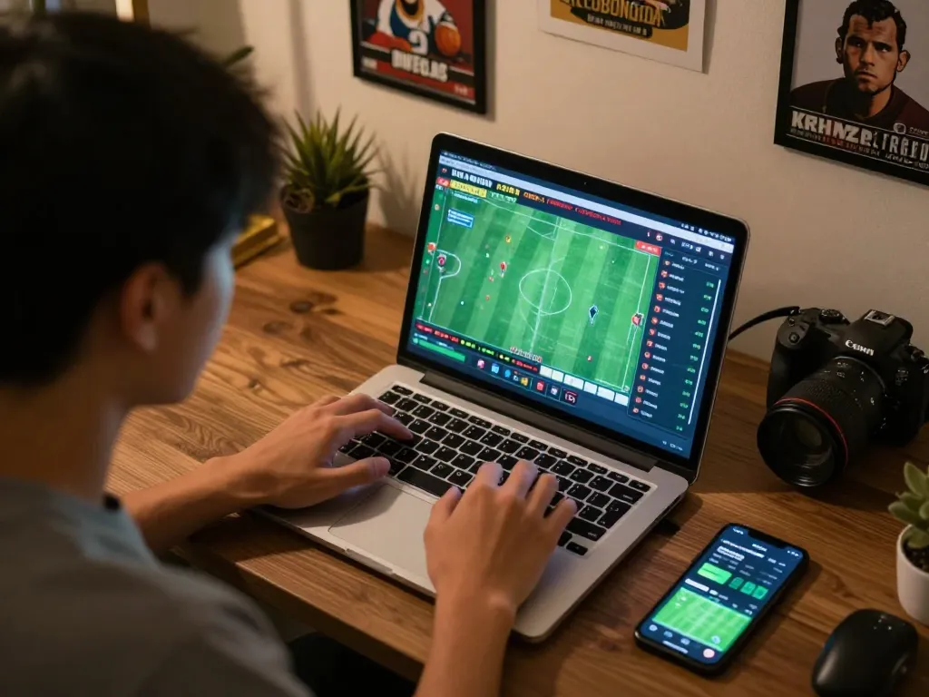Person analyzing live sports odds on laptop for keobongda betting strategies.