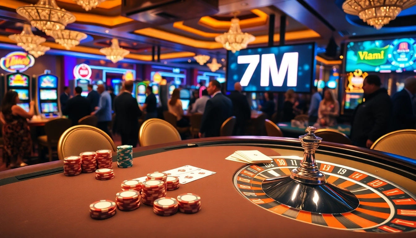 Experience thrilling gambling at 7M's luxurious casino with poker tables and vibrant slot machines.