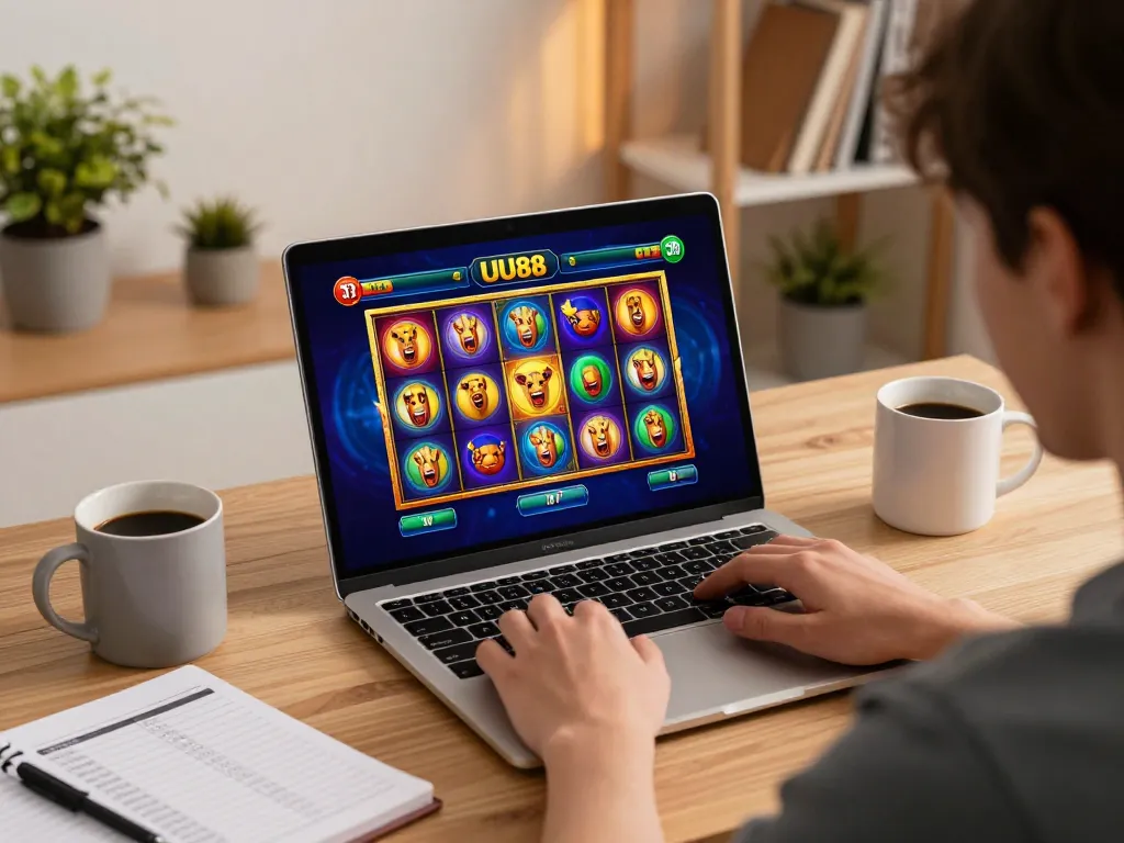 Player enjoying UU88 casino gameplay on laptop, celebrating a winning spin in a cozy home setup