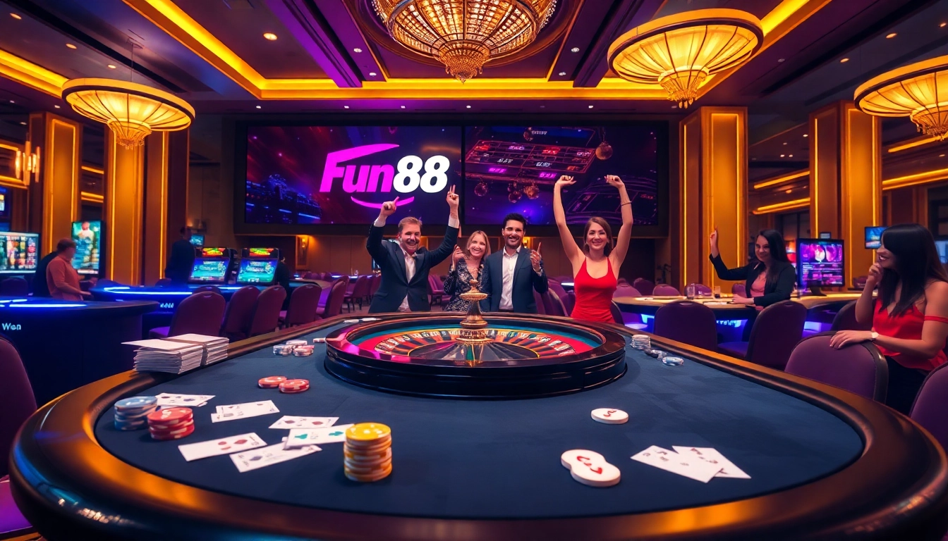 Fun88 gamblers enjoying a thrilling poker game in a luxurious casino setting.