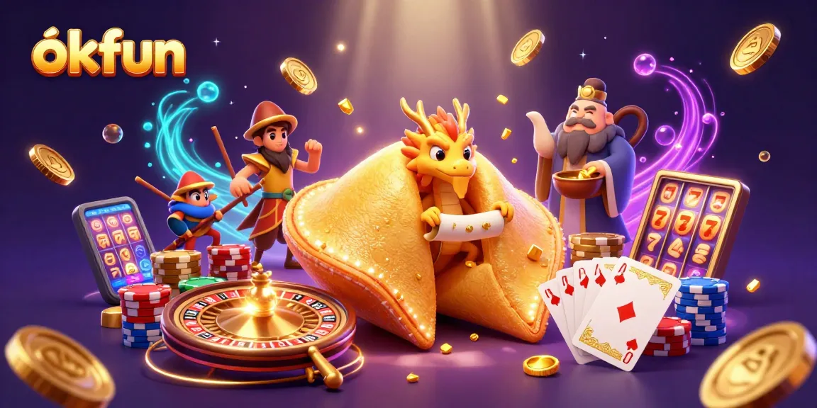 Experience thrilling gameplay with okfun's vibrant casino scene featuring a fortune cookie, dragon, and gaming elements.