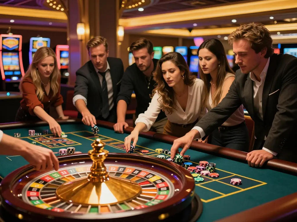 Players engaging in a thrilling roulette game at the casino, animated atmosphere featuring chips and bets with TR88 excitement.