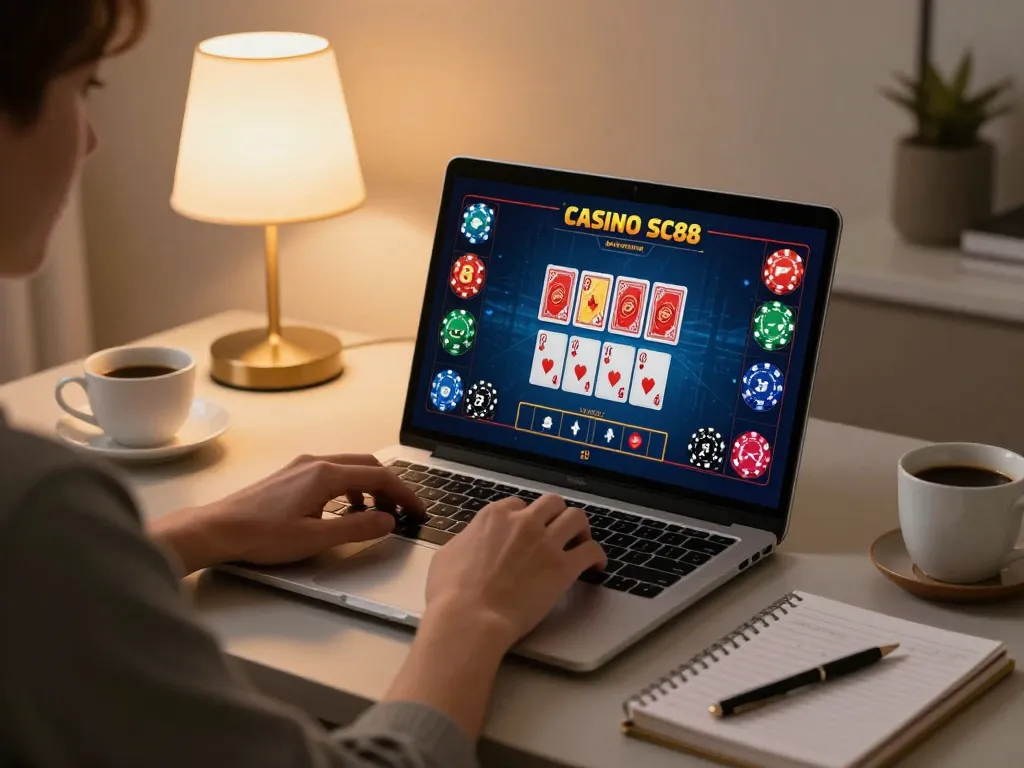 Player engaging with live dealer game on Casino SC88, showcasing vibrant gameplay and cozy atmosphere.