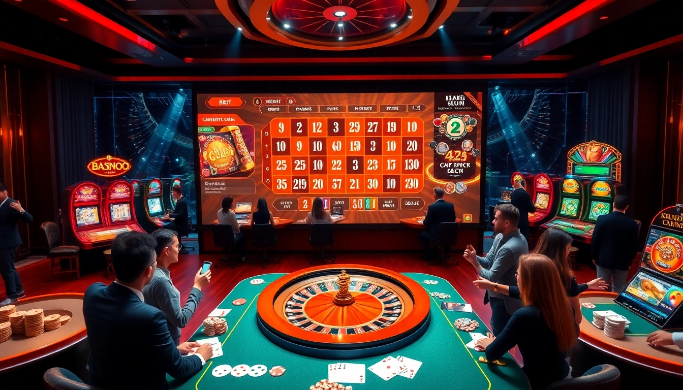 Engaging gamers at the MMOO online casino, highlighting vibrant tables, cards, and roulette.