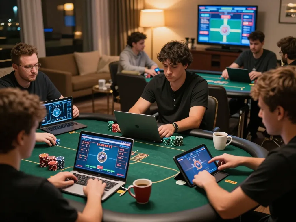 Players engaged in intense online poker sessions with vk88 gaming strategies in a cozy atmosphere.