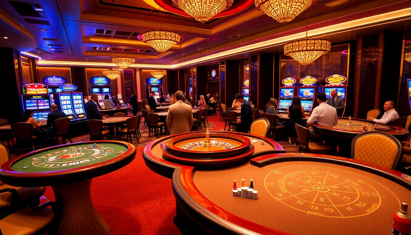 Exciting Jun88 casino gaming room with vibrant tables and players engaging.