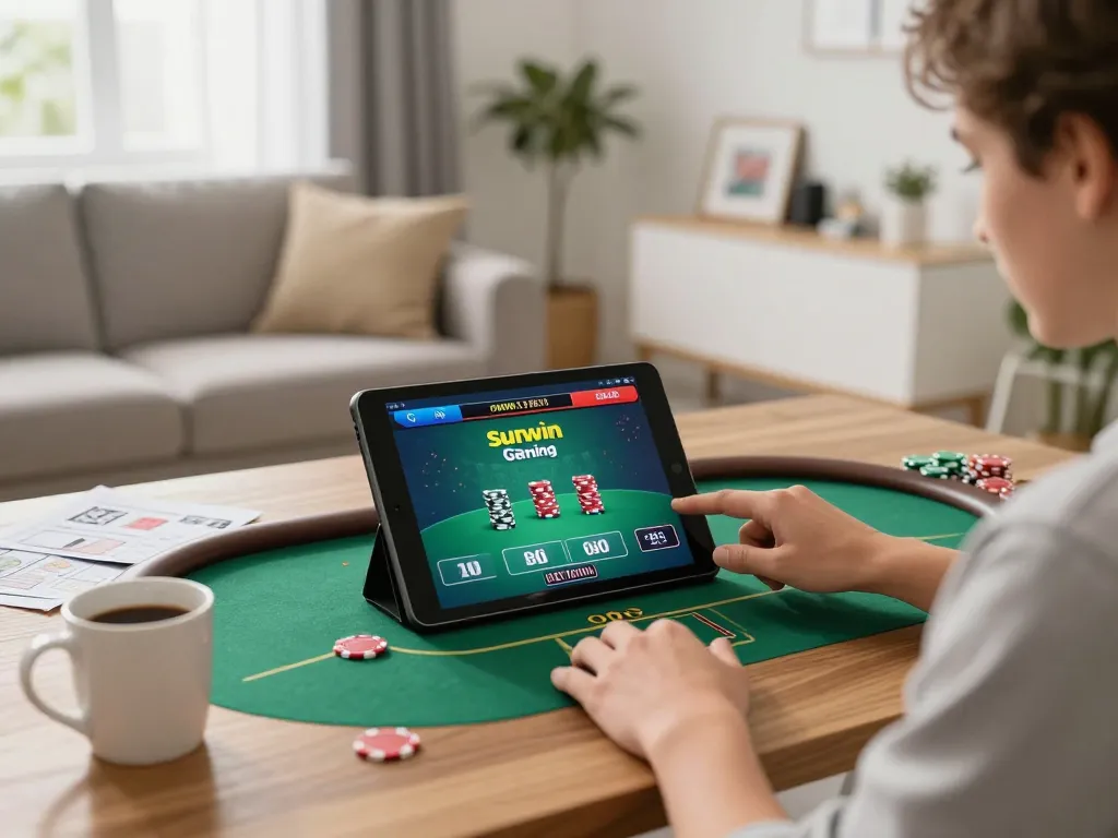 Engaged player enjoying a poker game on sunwin platform in a cozy home setting.