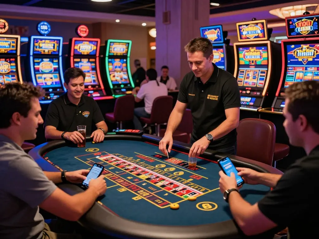 Engaging casino scene with lively players and dealer, highlighting 789club's vibrant online gaming atmosphere.