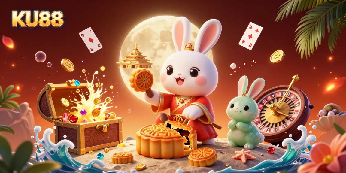 Engage with the thrilling KU88 gaming scene featuring a lunar rabbit and casino elements.