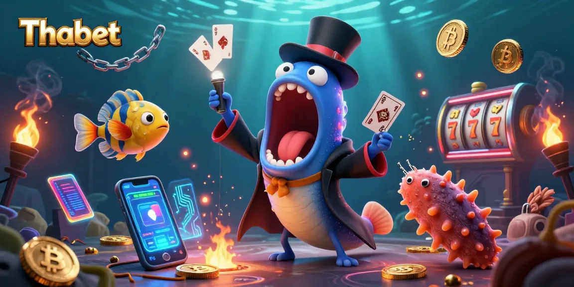 Thabet showcases a magical underwater casino scene with animated characters and glowing crypto elements.