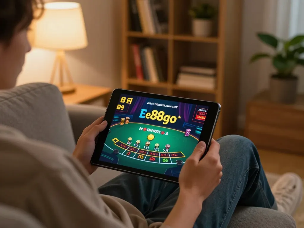 Engaging gameplay on ee88go's mobile app showcasing live dealer blackjack in a cozy home.