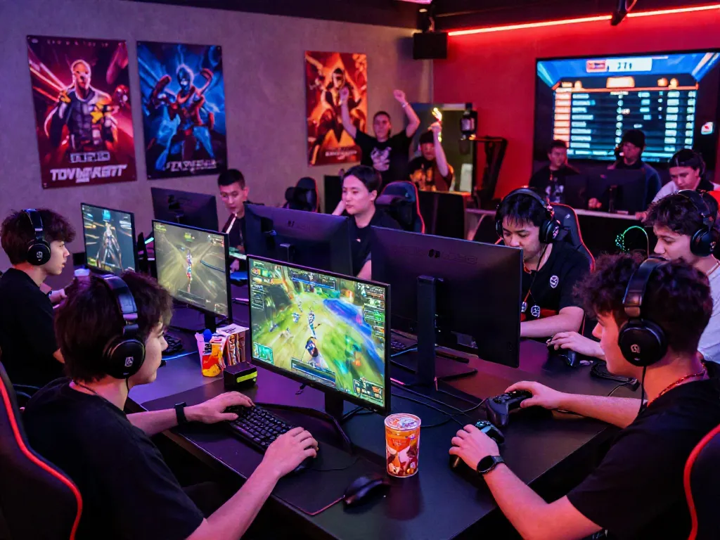 Engaged gamers in a vibrant esports arena showcasing 78win competition excitement.