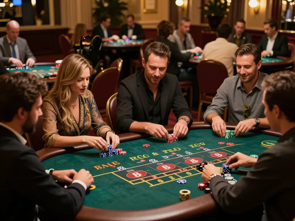 Players strategizing at okking Baccarat tables in a luxurious casino.