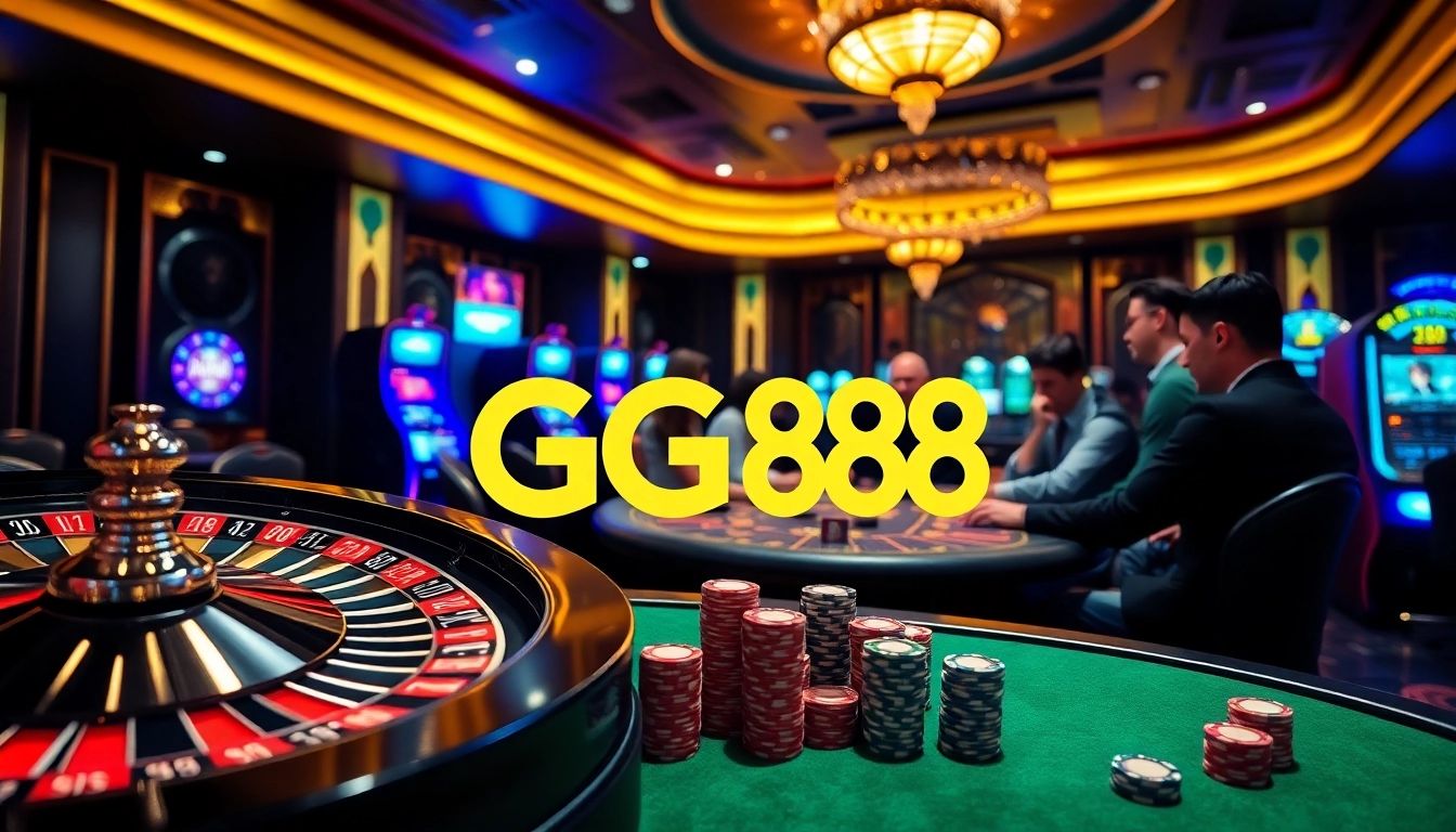 Engage with GG88 at a luxurious online casino scene featuring exciting casino games and vibrant ambiance.