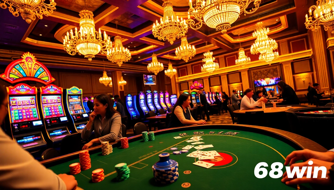 Experience the thrilling atmosphere of 68win's casino, highlighting players enjoying poker and slot games.
