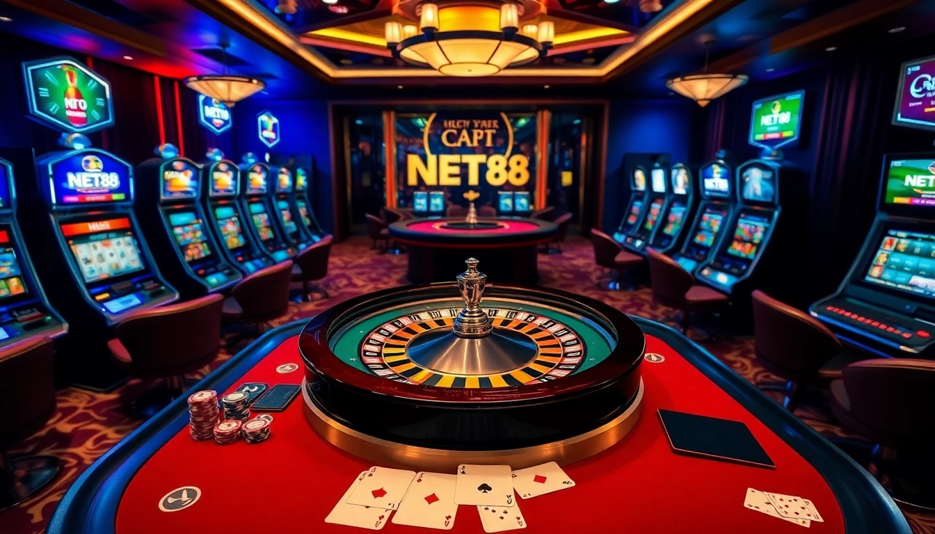 Betting excitement at NET88 with an elegant casino scene showcasing roulette, poker, and slot machines.