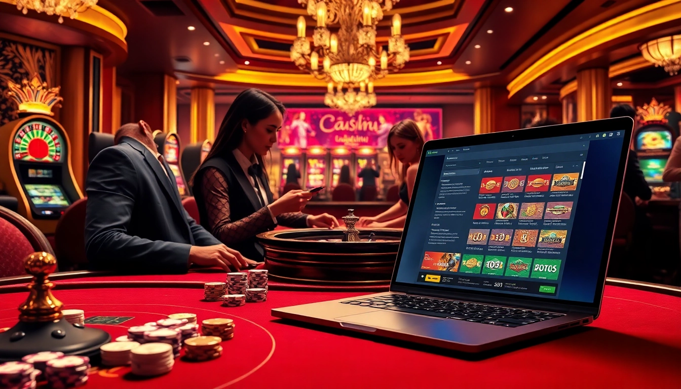 Exciting scene of a luxurious casino embodying nhà cái uy tín with poker games and online betting activities.