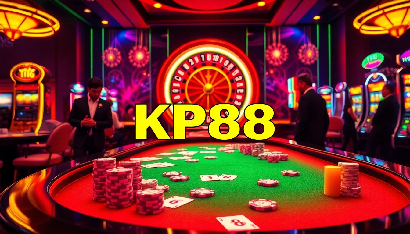 Players enjoying a lively game at KP88 casino with vibrant tables and thrilling slot machines.