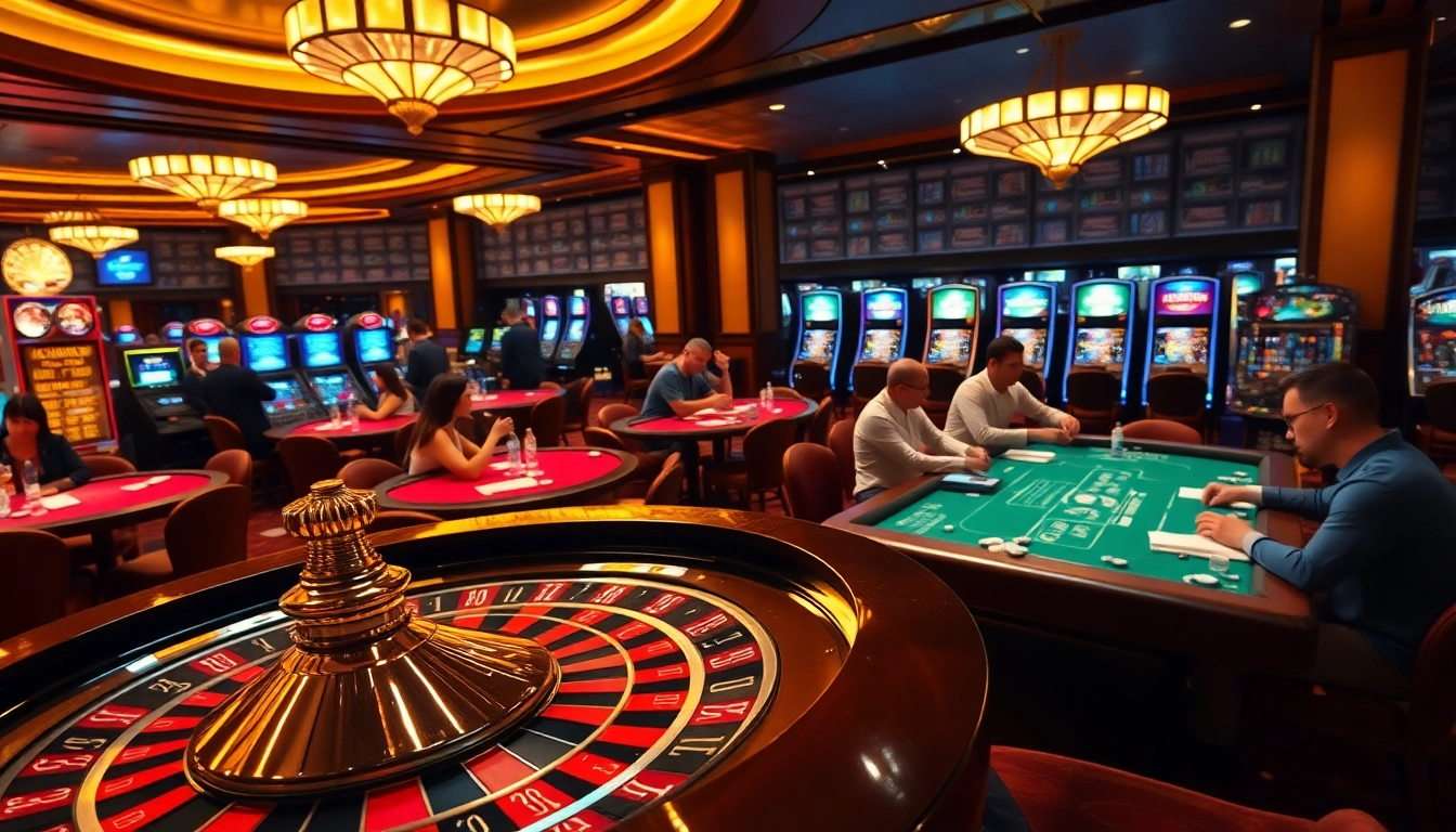Engaging gamblers with Kqxs results at an upscale casino with vibrant tables and roulette.
