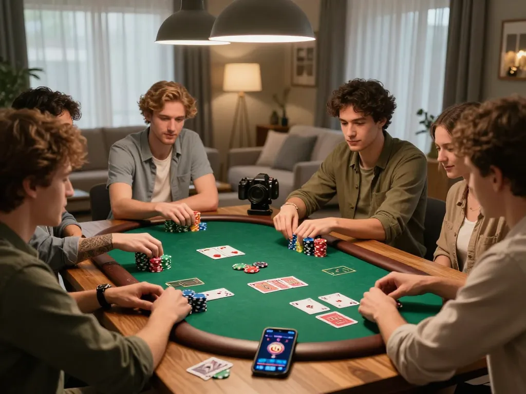 Friends enjoy an exciting poker night with O8 app on the table, celebrating strategy and camaraderie.