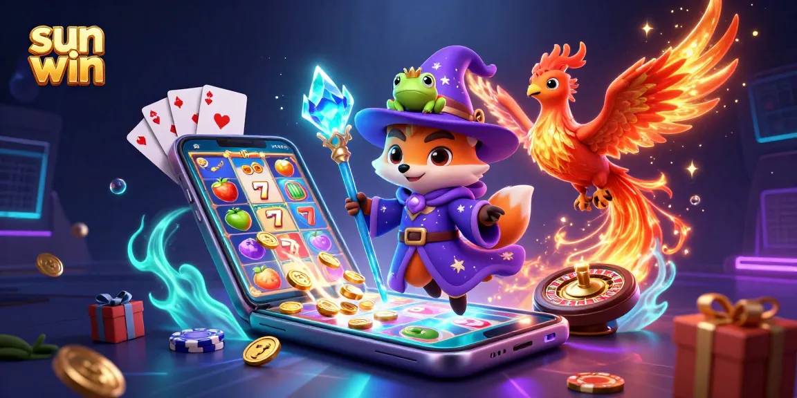 Experience the thrill of winning with sun win, featuring a wizard fox and phoenix in a vibrant casino scene.
