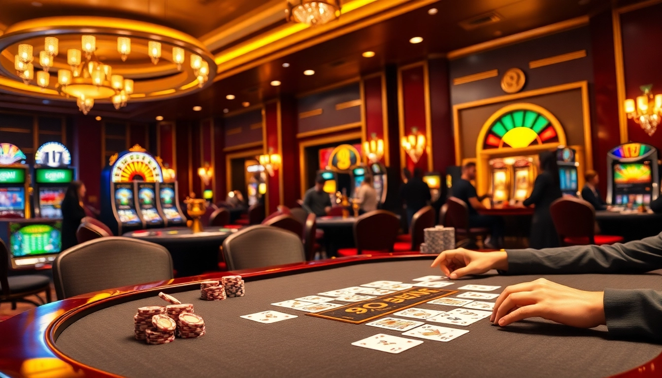 Experience the thrill of Nhà cái 9BET with players enjoying poker and roulette in a vibrant casino.