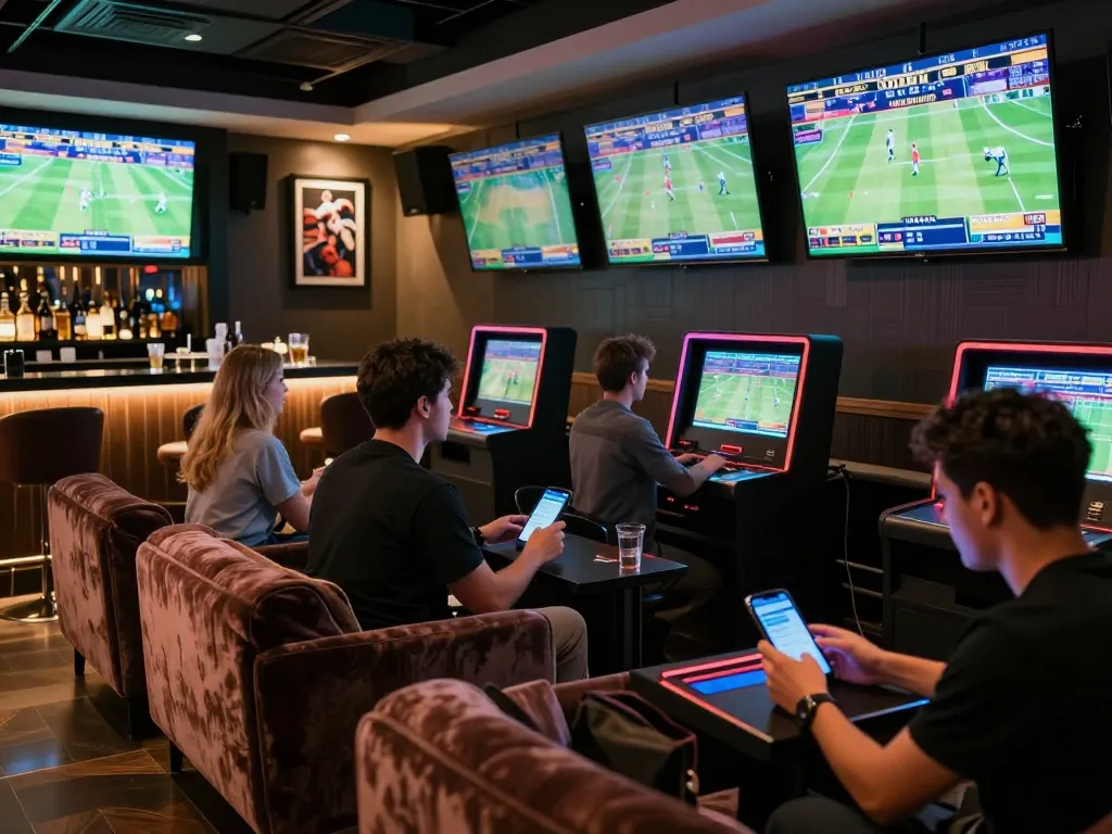 LLWIN users engaged in strategic sports betting at a vibrant and stylish lounge venue.
