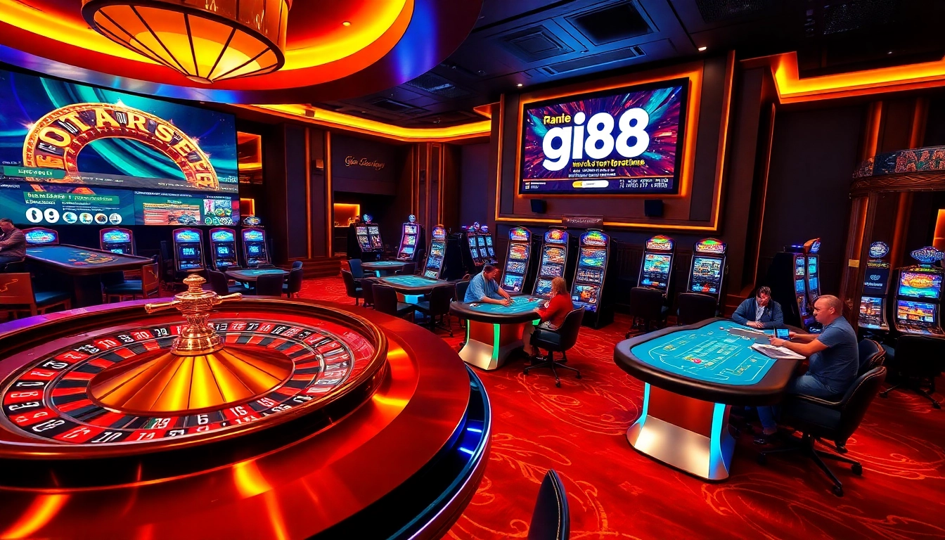 Experience thrilling gameplay at gi88 with a vibrant casino scene featuring poker tables and roulette.