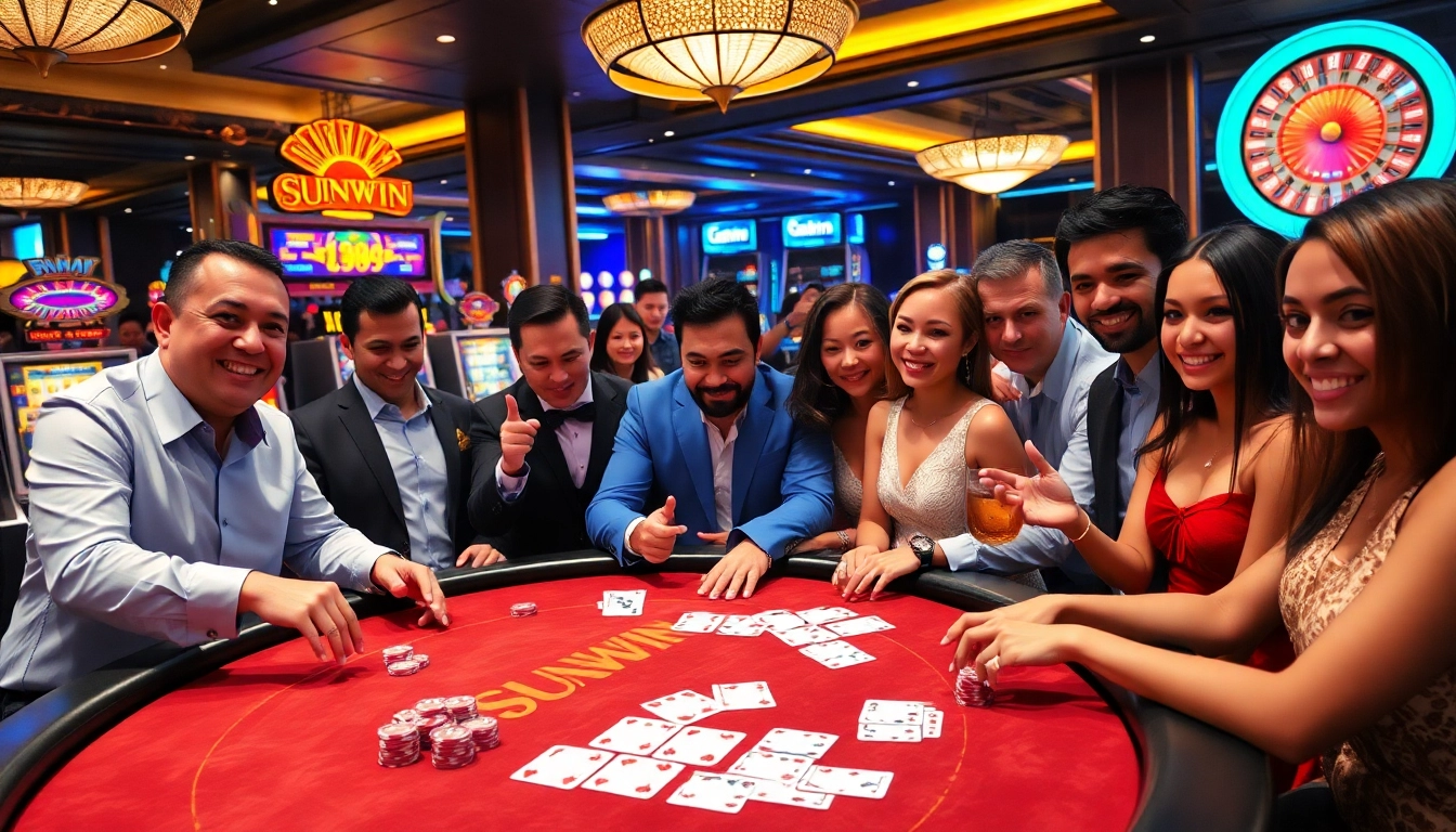 SUNWIN gaming table with vibrant casino atmosphere showcasing excitement and players engaged in high-stakes gambling.
