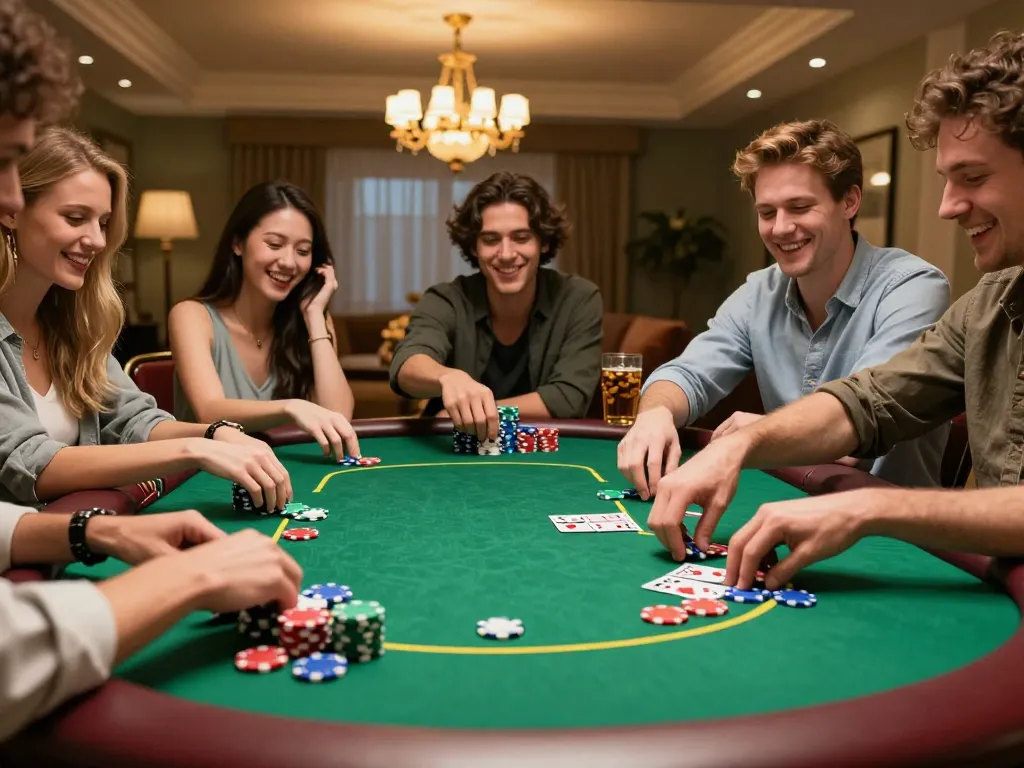 Friends enjoying a lively poker game in bu88-themed home setting, showcasing vibrant chips and warm ambiance.