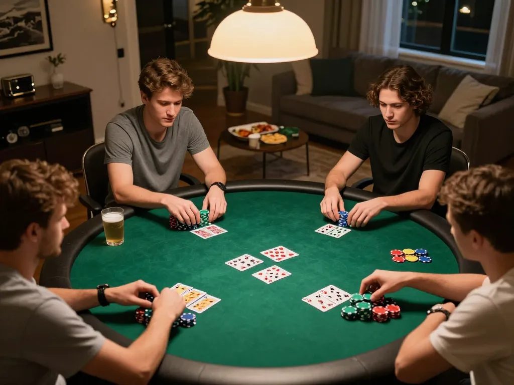 Engaging poker game with friends at home, highlighting cm88 and colorful chips during gameplay.