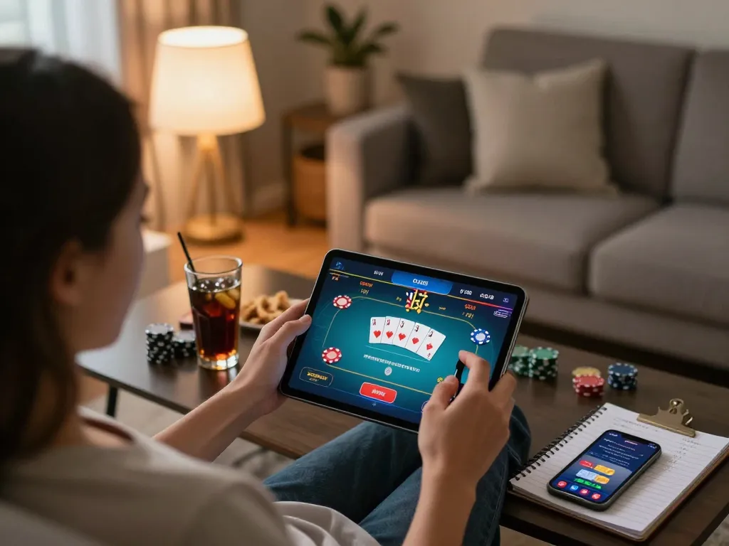 Engaged player on lv 88 tablet gaming platform with poker interface and strategic notes.