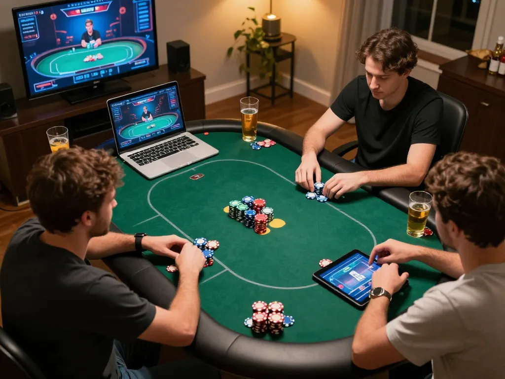 Players engage in an intense online poker game through go8, showcasing vibrant chips and a modern gaming setup