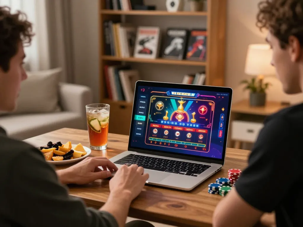 Player enjoying LV88 online casino gaming with laptop and snacks in a cozy living room