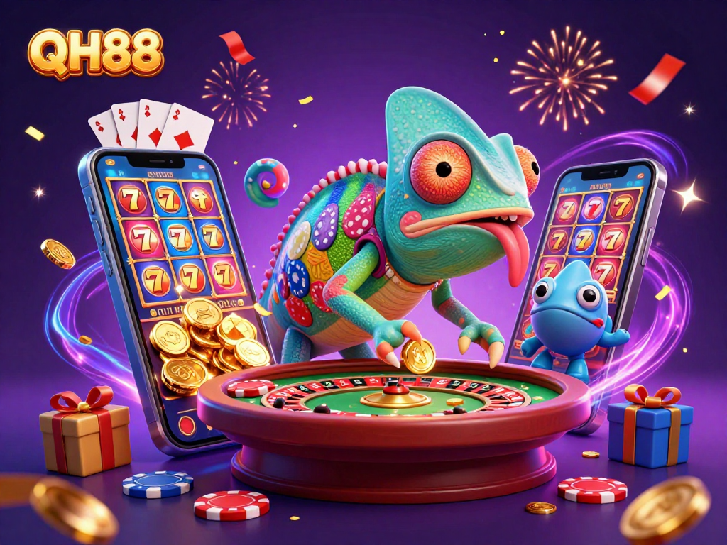 Engage in exciting gaming with QH88, featuring a chameleon casino owner, animated slot games, and vibrant confetti.