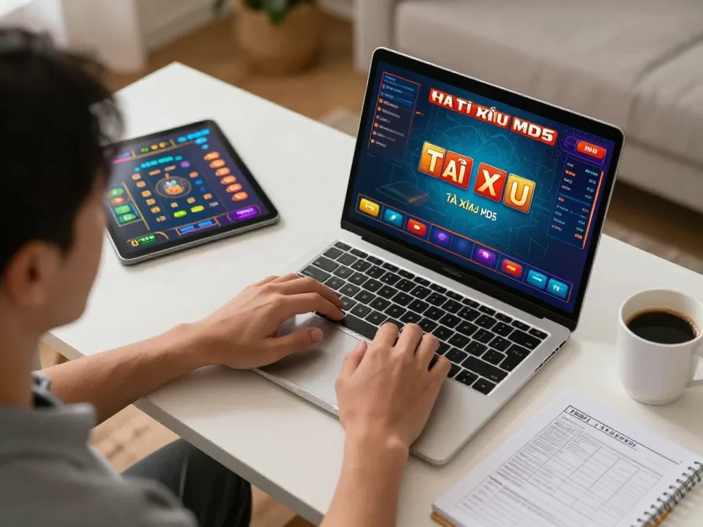 Tài Xỉu MD5 betting session on a laptop with colorful interface, person strategizing at home.