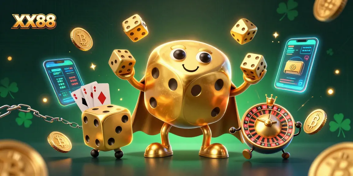Experience thrilling gameplay with XX88 in a vibrant casino scene featuring golden dice and crypto elements.