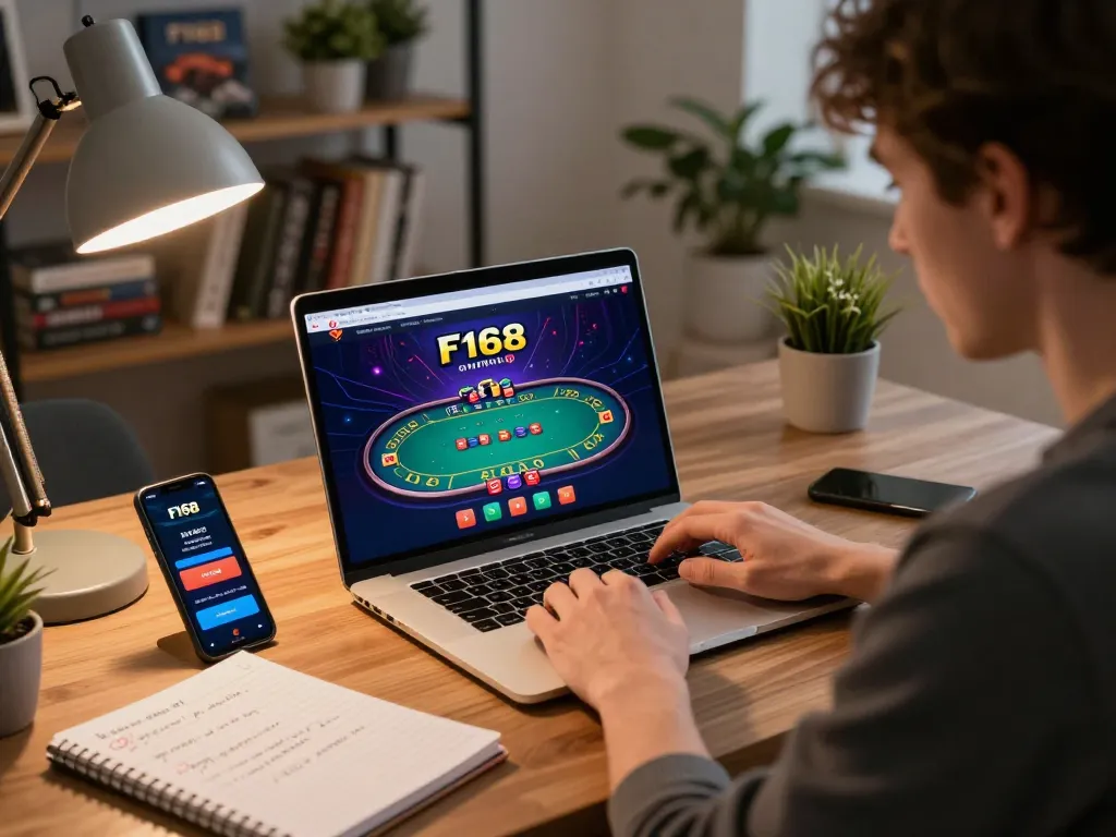 Play poker game at F168 online platform on laptop, strategic betting experience at home.